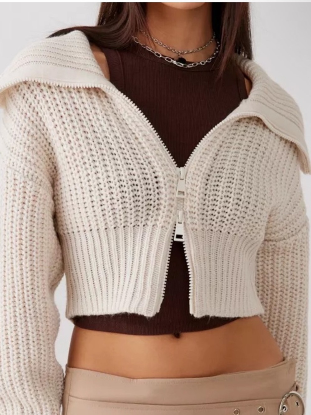 Urban Outfitters Cream Cropped Zip Knit Cardigan